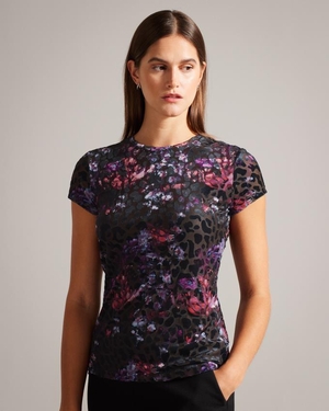 T-Shirt Ted Baker Devoré Mesh Noir Femme | MPZ-60568912